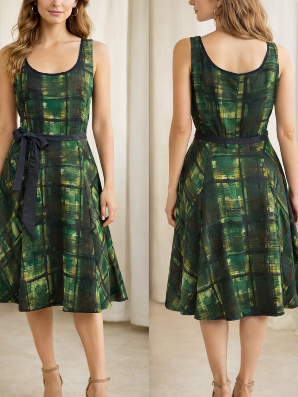 Anthropologie Maeve Dress Size 4
Green Plaid Fit & Flare Belted Midi - Picture 11 of 11